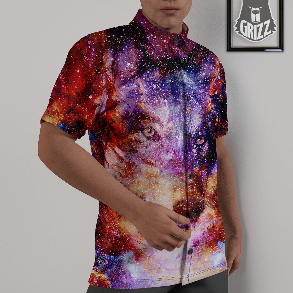 Portrait Wolf Galaxy Print Untucked Shirts-grizzshop