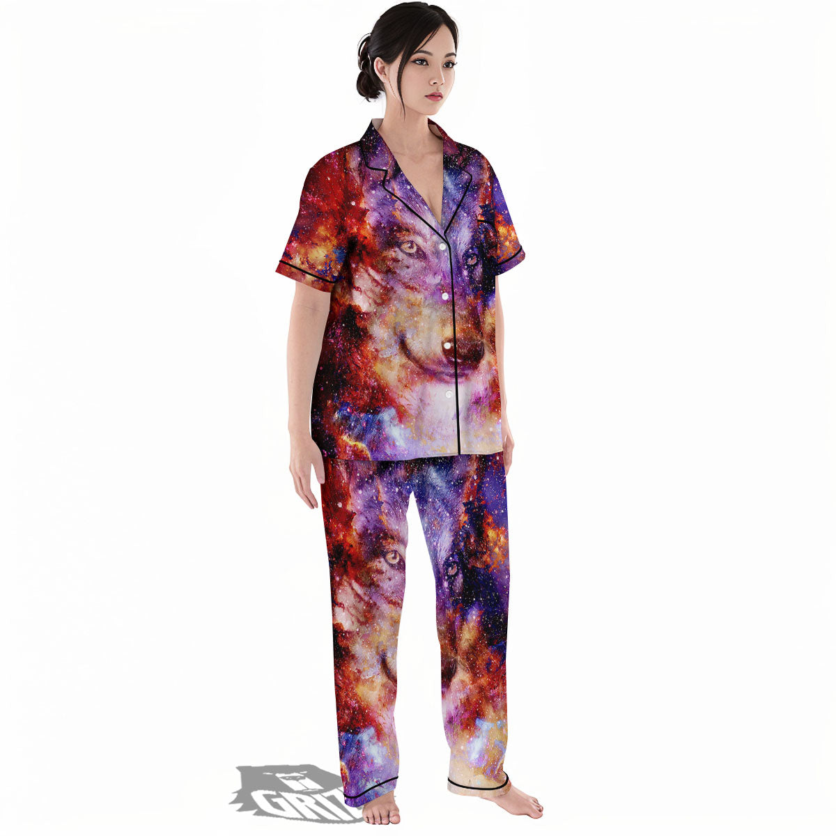 Portrait Wolf Galaxy Print Women's Pajamas Set-grizzshop