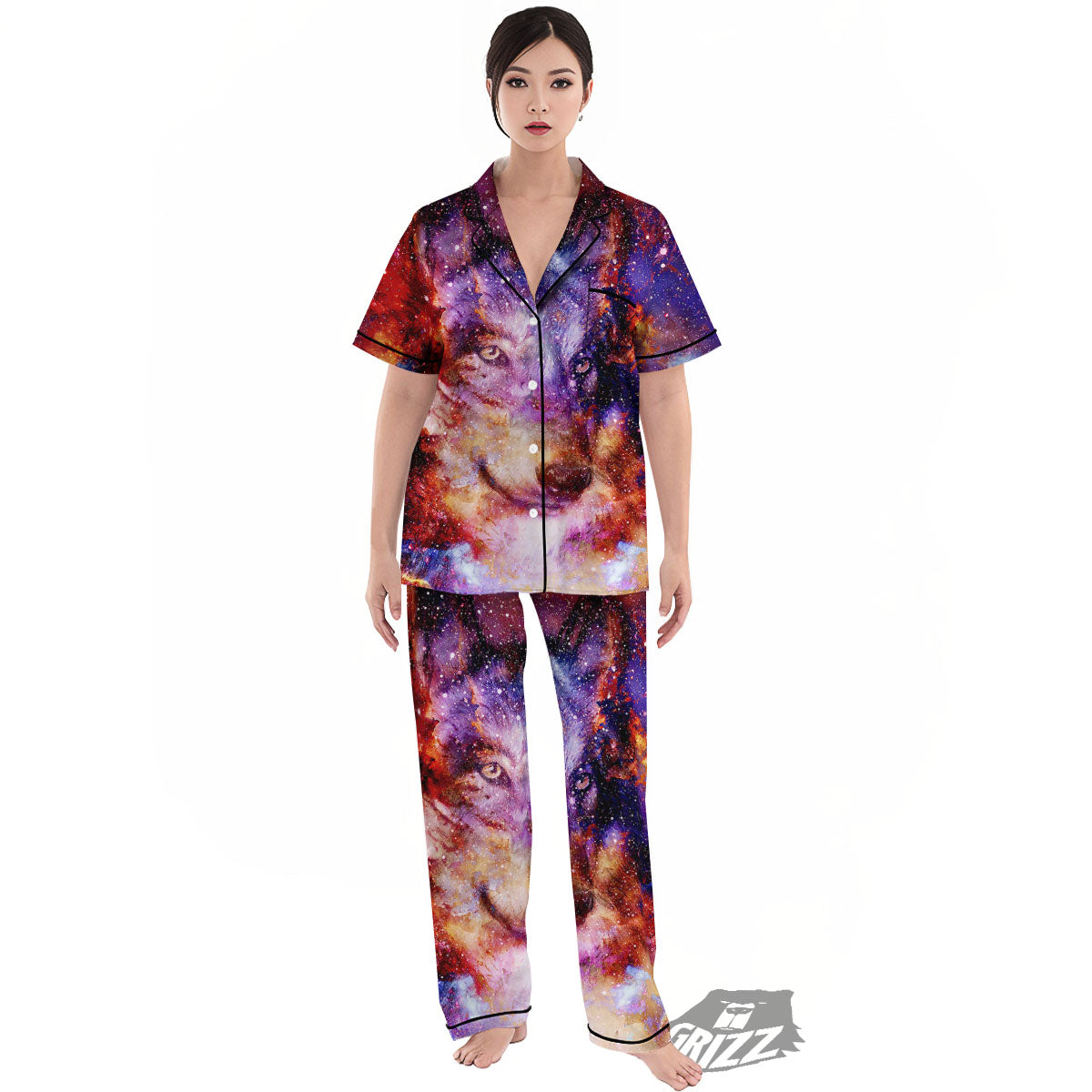 Portrait Wolf Galaxy Print Women's Pajamas Set-grizzshop