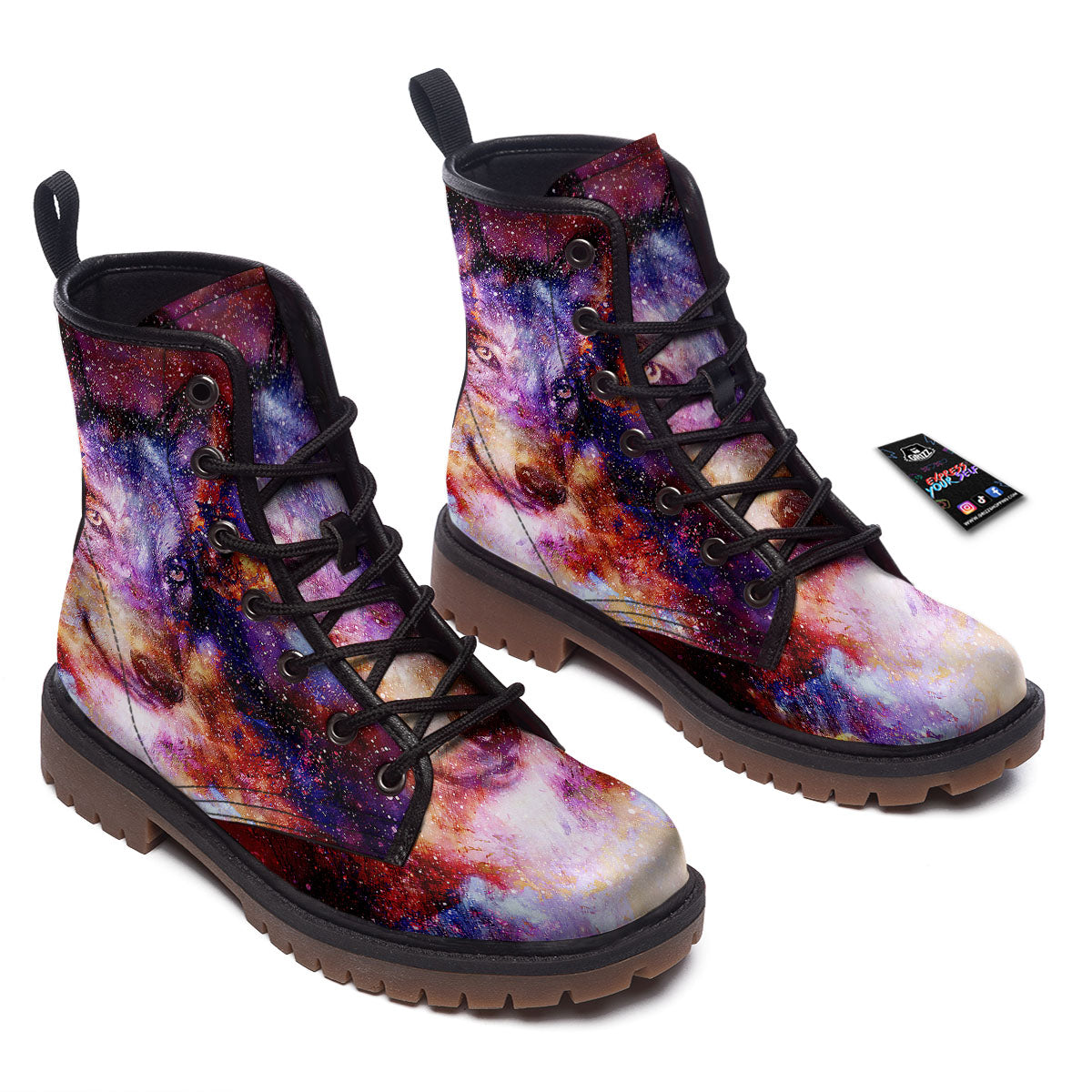 Portrait Wolf Galaxy Print Work Boots-grizzshop