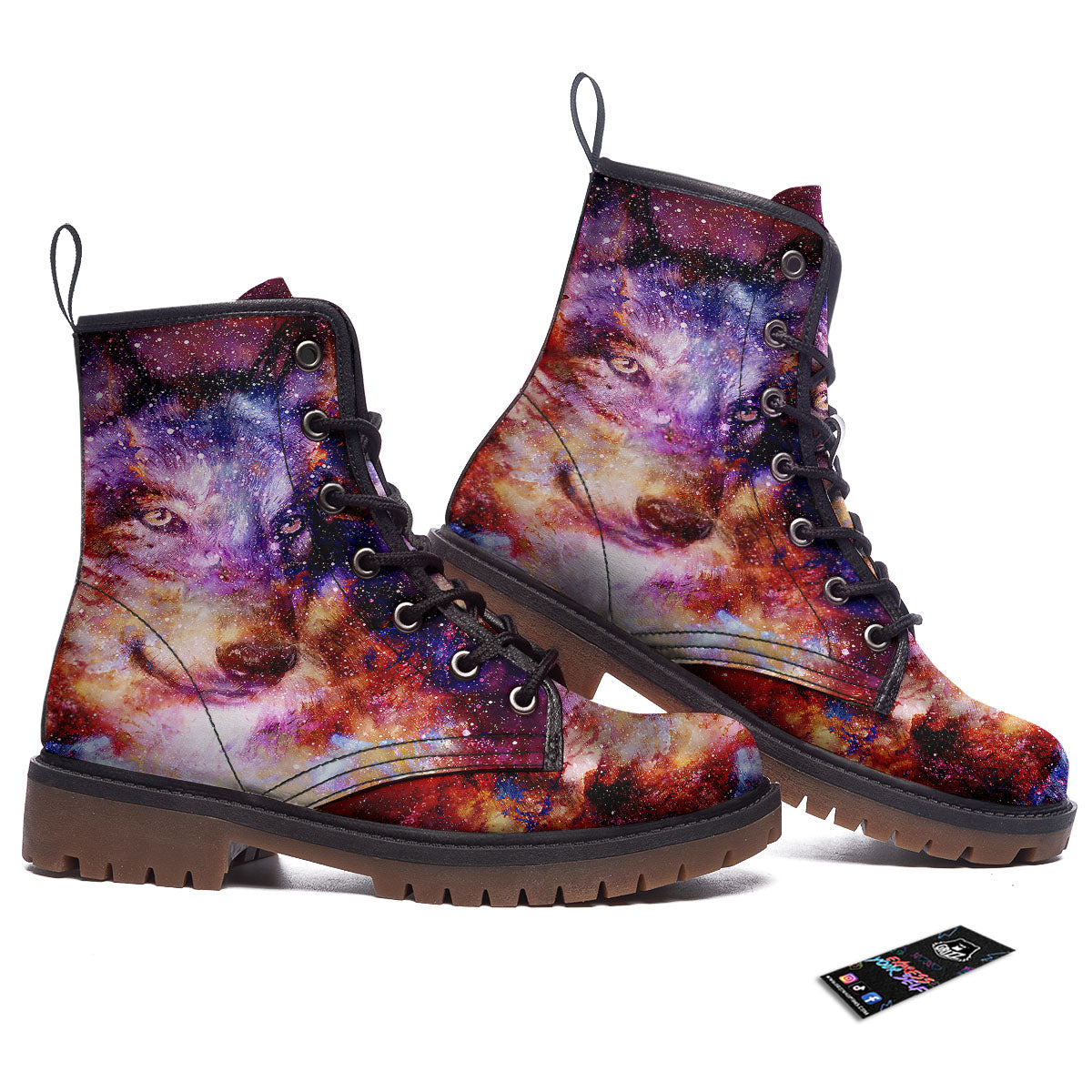 Portrait Wolf Galaxy Print Work Boots-grizzshop