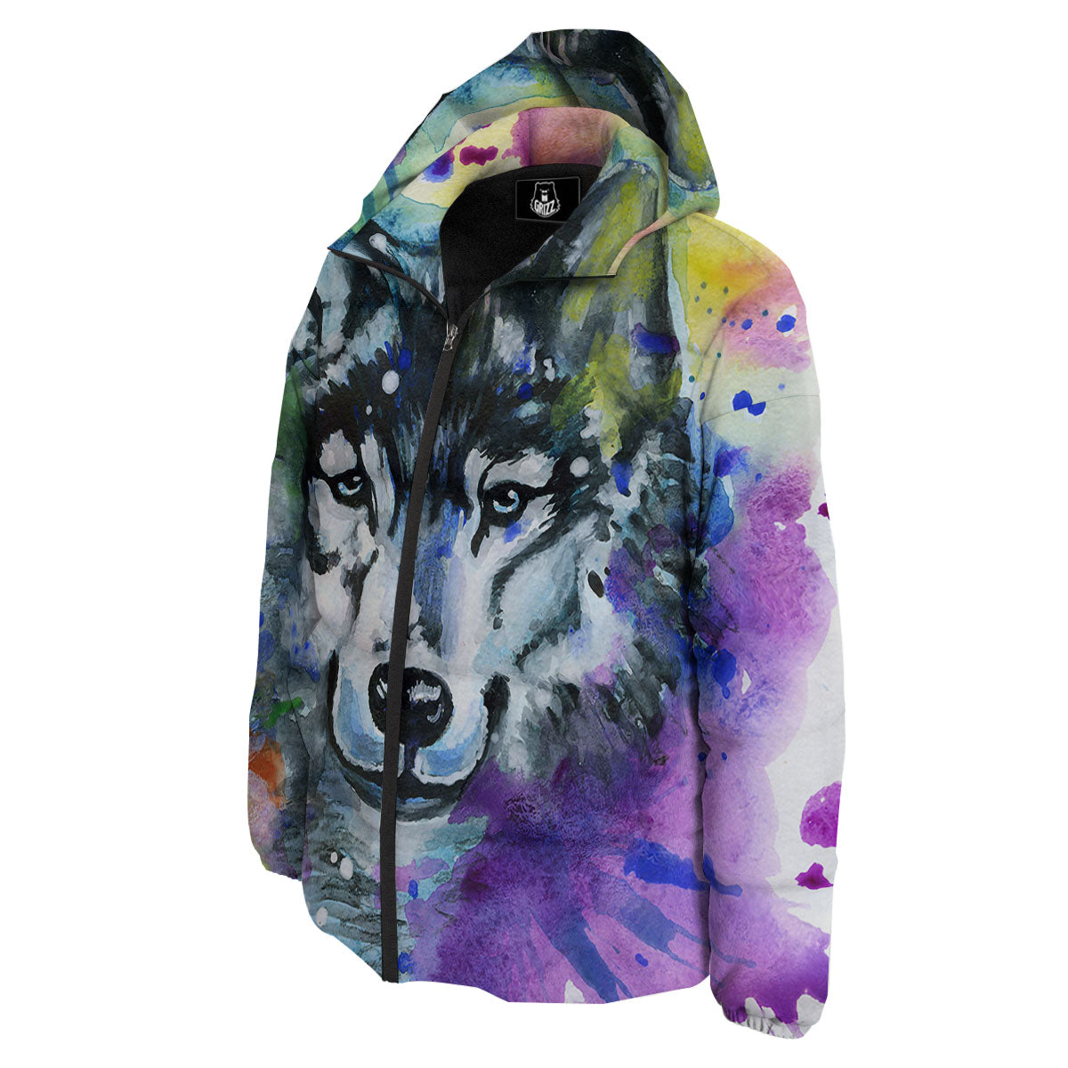 Portrait Wolf Watercolor Print Down Jacket-grizzshop