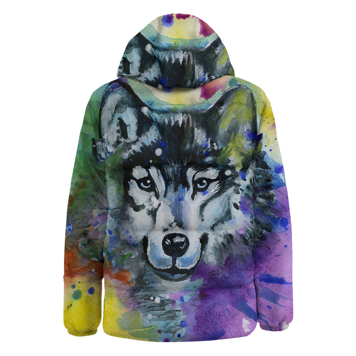Portrait Wolf Watercolor Print Down Jacket-grizzshop