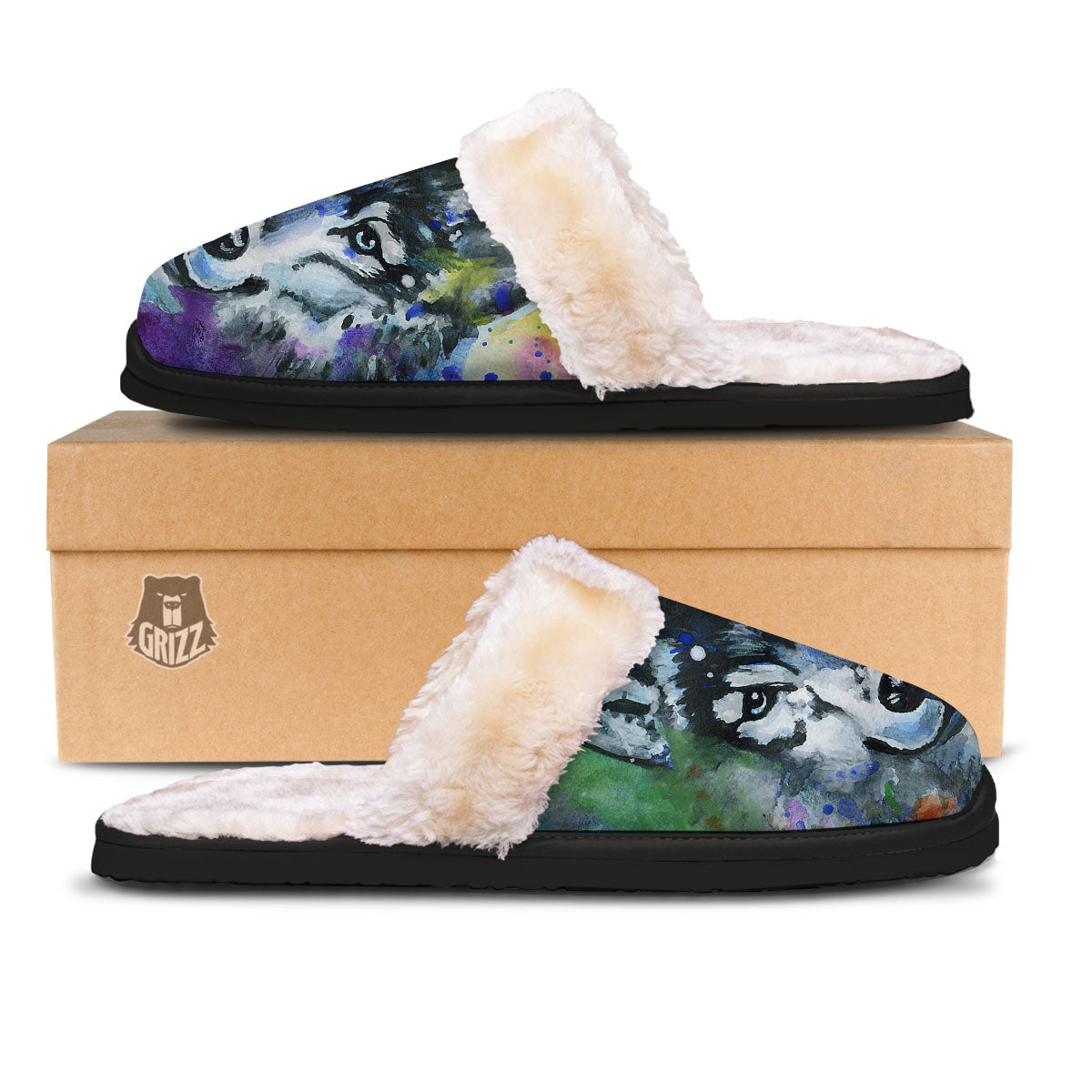 Portrait Wolf Watercolor Print Slippers-grizzshop