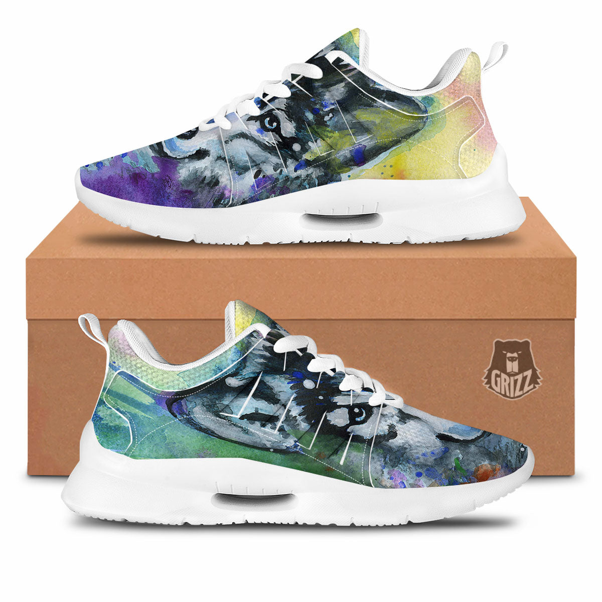 Portrait Wolf Watercolor Print Tennis Shoes-grizzshop
