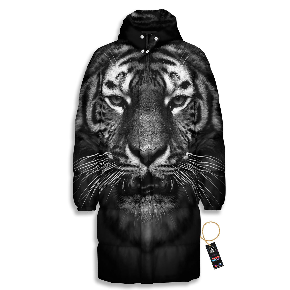 Portrait Black Tiger Print Long Down Jacket