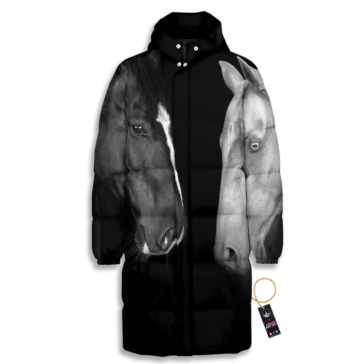 Portrait Couple Horses Print Long Down Jacket