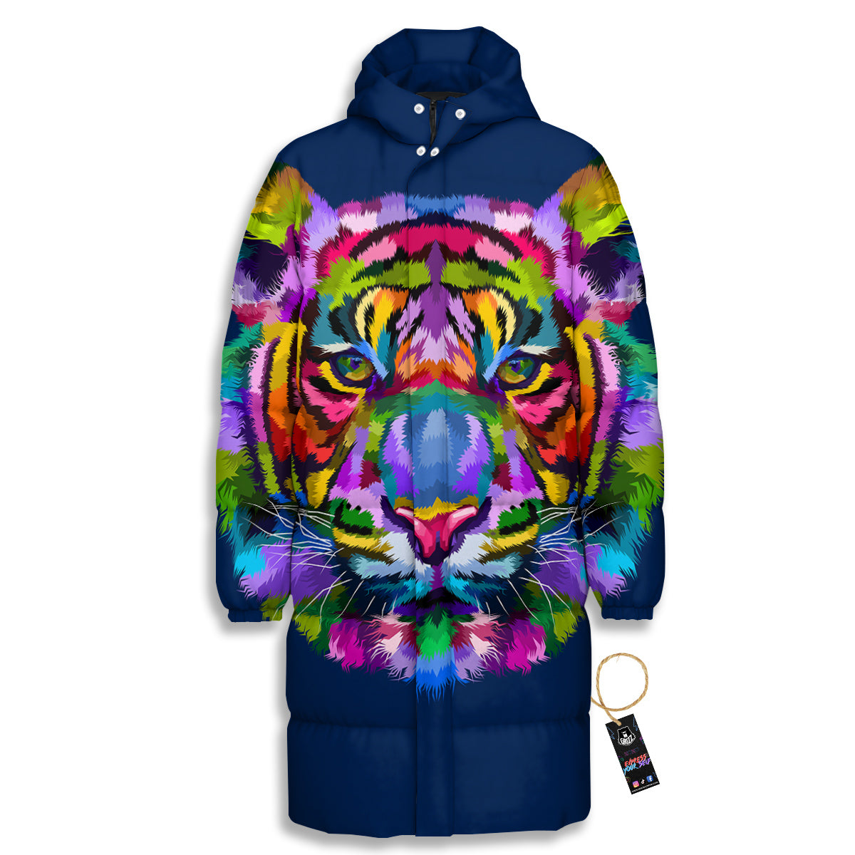 Portrait Tiger Colorful Print Long Down Jacket