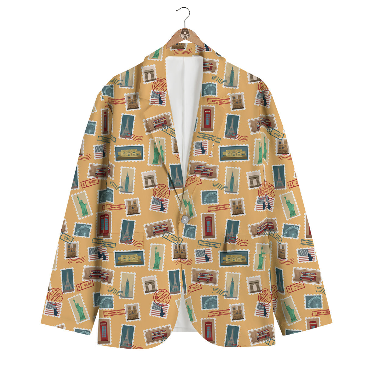 Postage Stamp Travel Print Pattern Men's Blazer-grizzshop