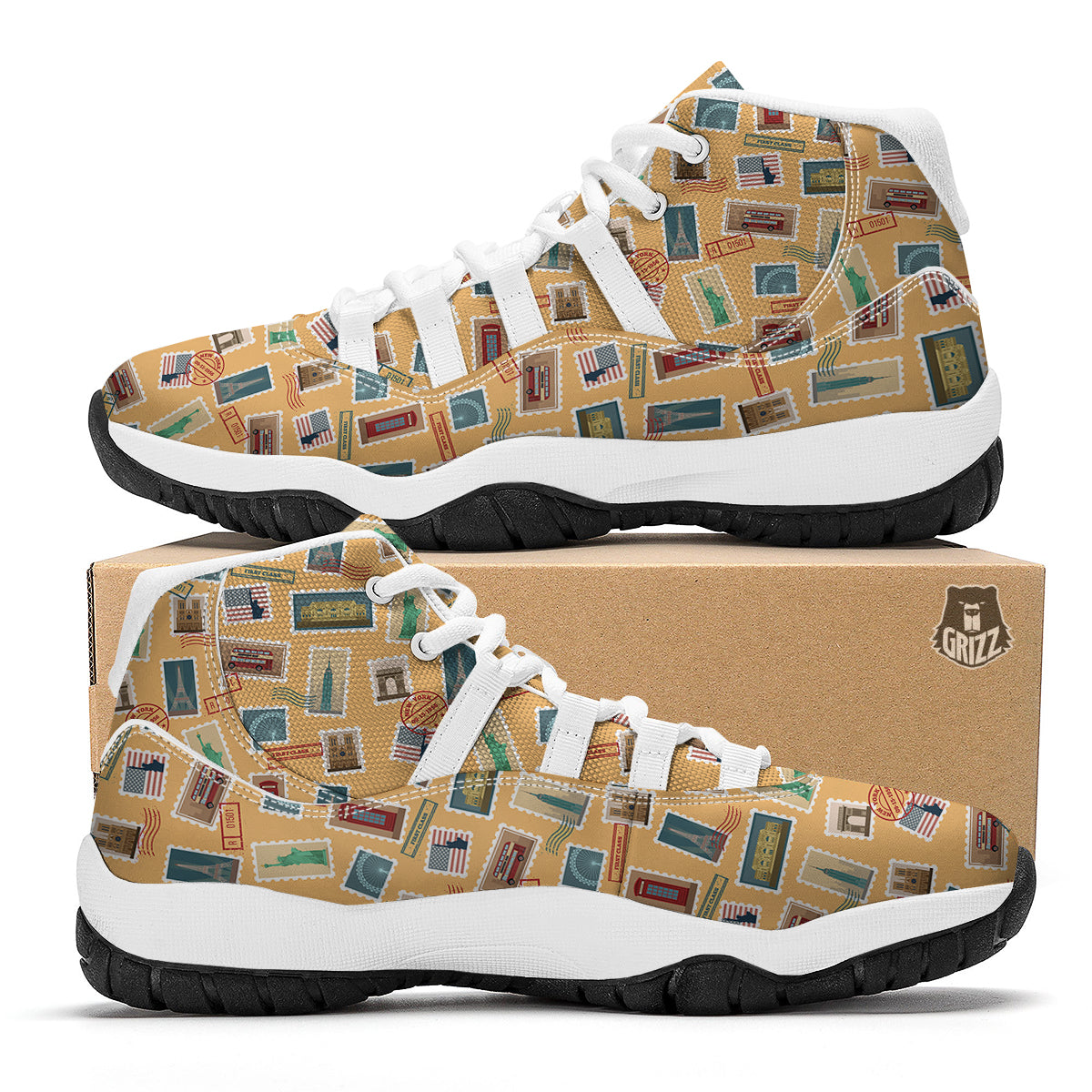 Postage Stamp Travel Print Pattern White Bball Shoes-grizzshop