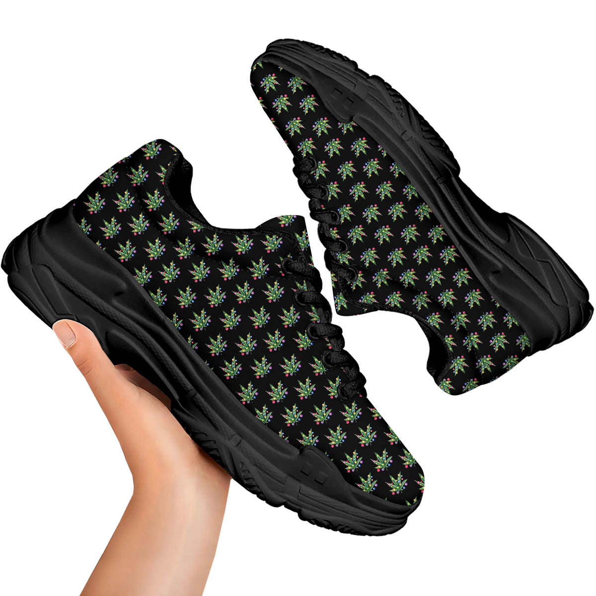 Pot Leaf Christmas Print Pattern Black Chunky Shoes-grizzshop