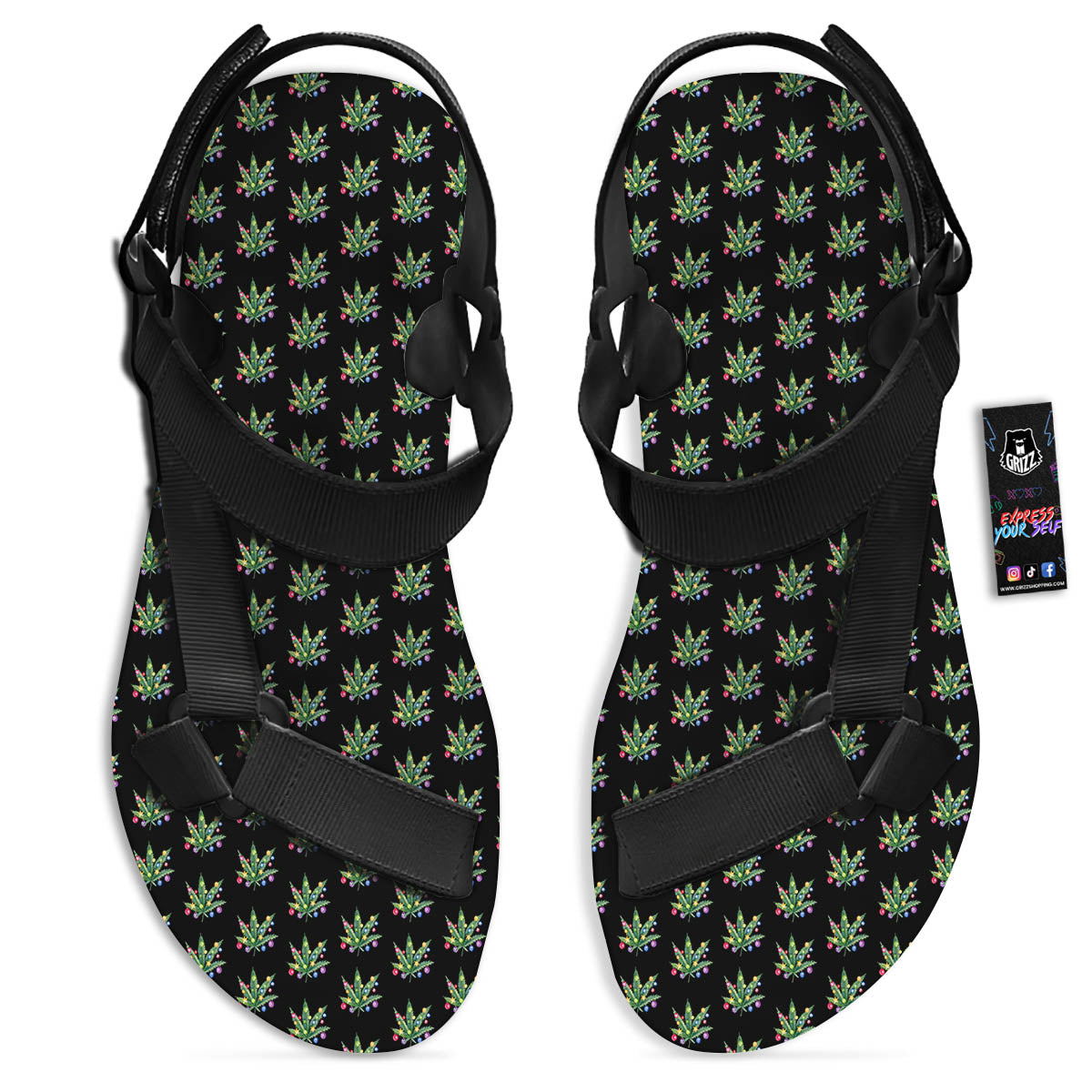 Pot Leaf Christmas Print Pattern Black Open Toe Sandals-grizzshop