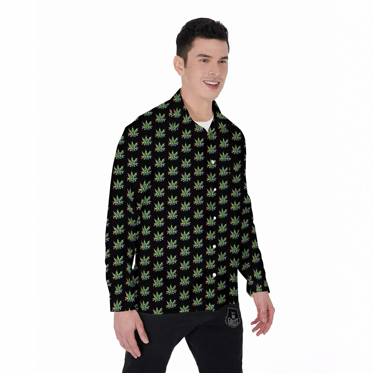 Pot Leaf Christmas Print Pattern Men's Long Sleeve Shirts-grizzshop
