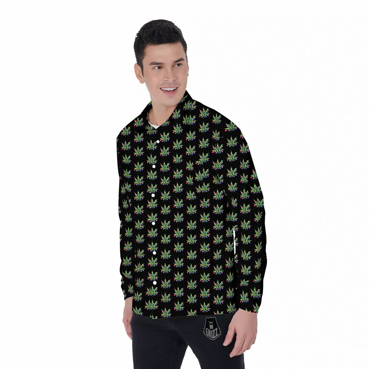 Pot Leaf Christmas Print Pattern Men's Long Sleeve Shirts-grizzshop