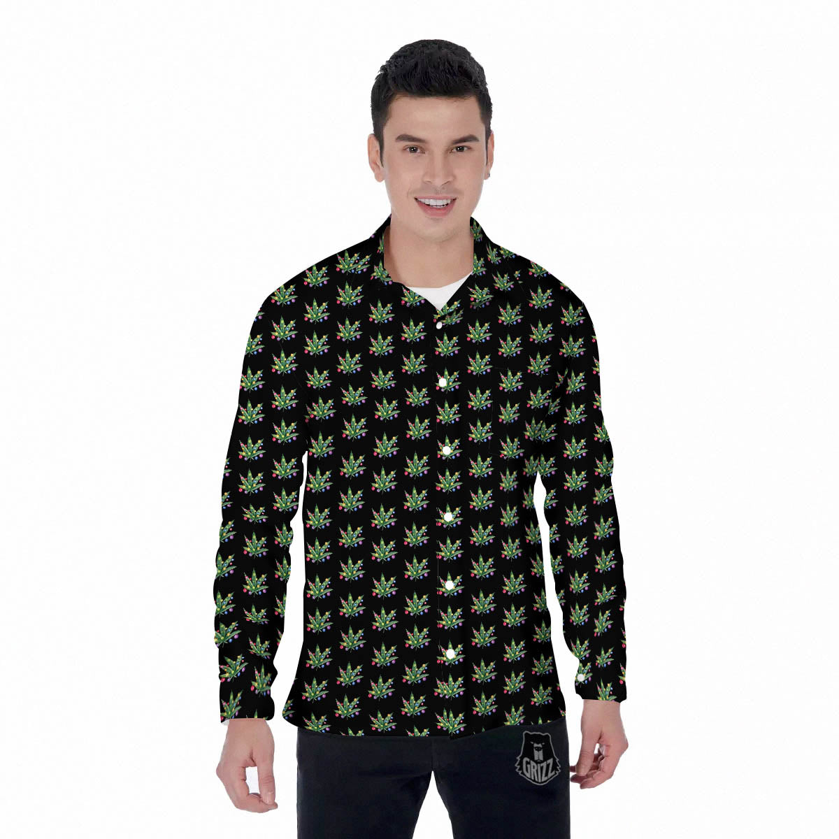 Pot Leaf Christmas Print Pattern Men's Long Sleeve Shirts-grizzshop