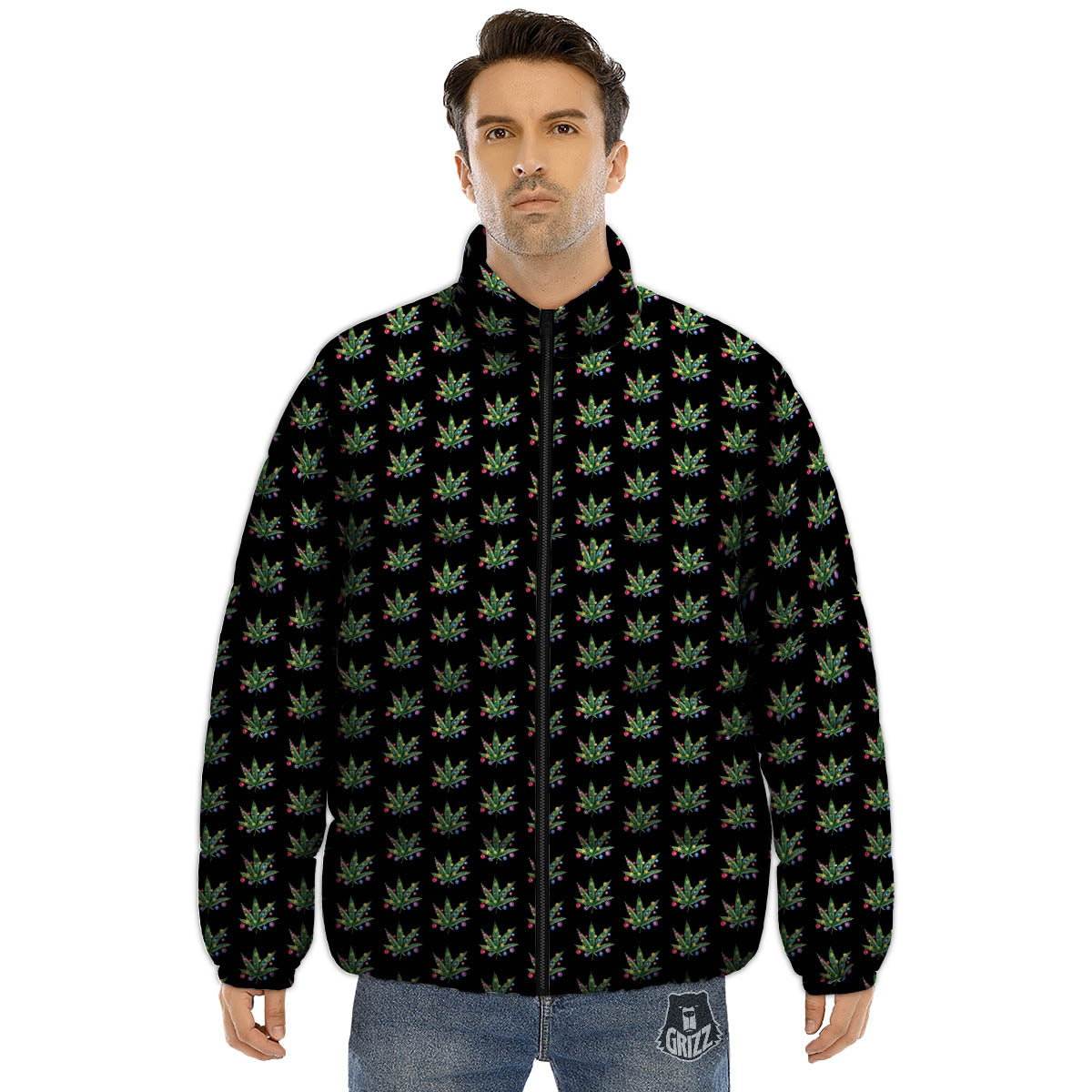 Pot Leaf Christmas Print Pattern Puffer Jacket-grizzshop