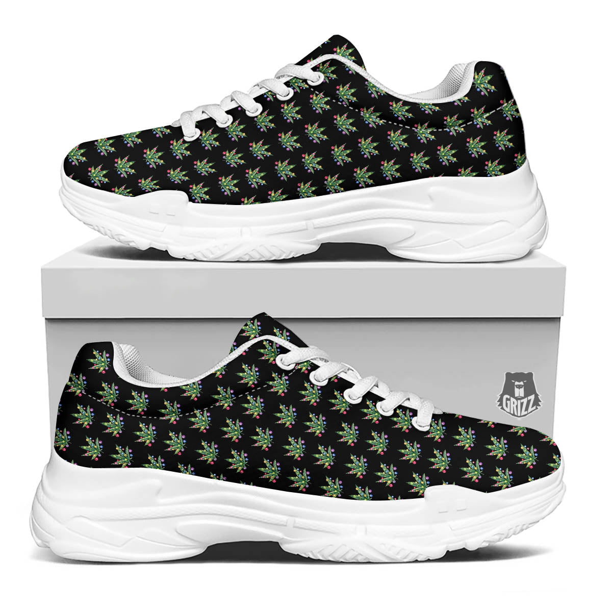 Pot Leaf Christmas Print Pattern White Chunky Shoes-grizzshop