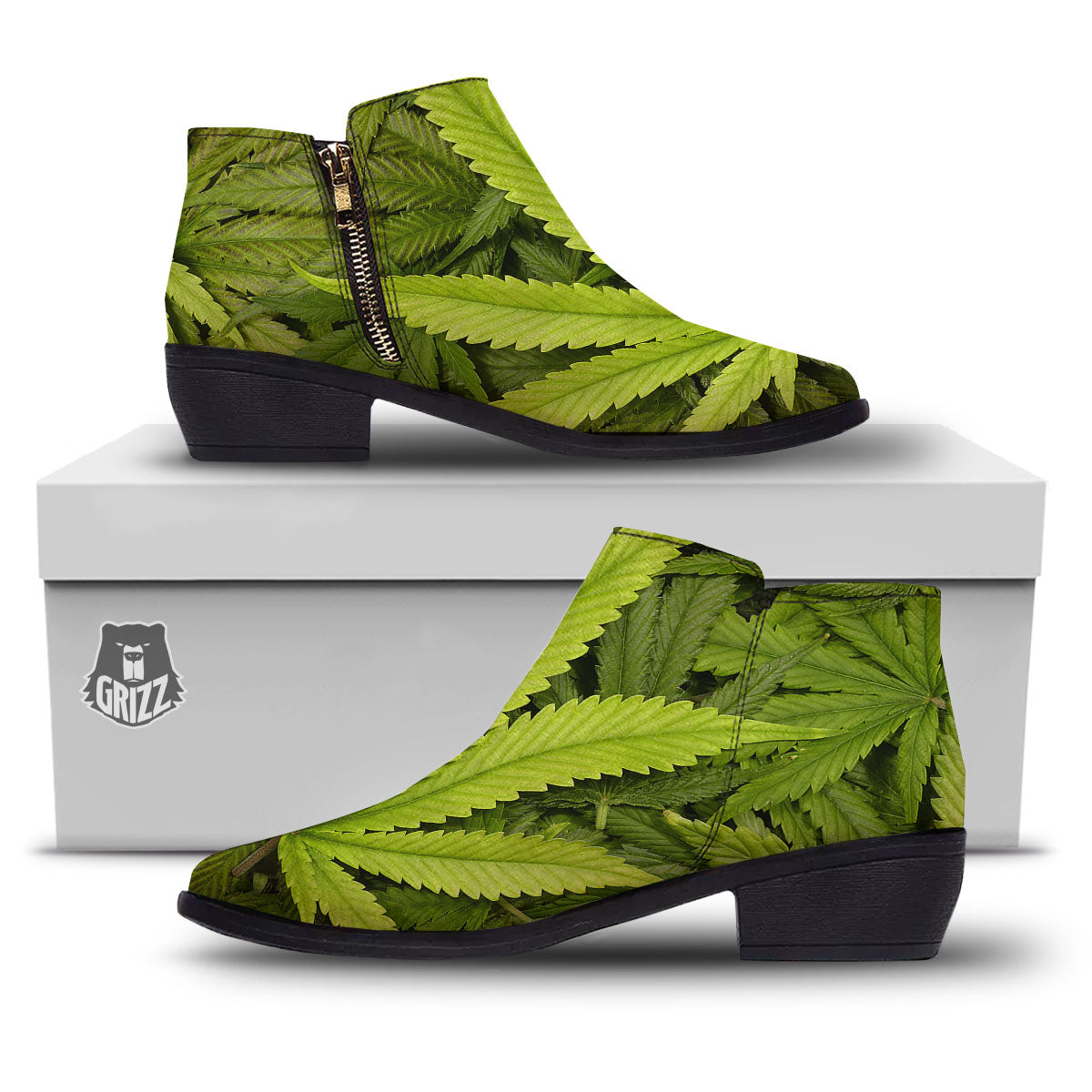 Pot Leaf Green Print Ankle Boots-grizzshop