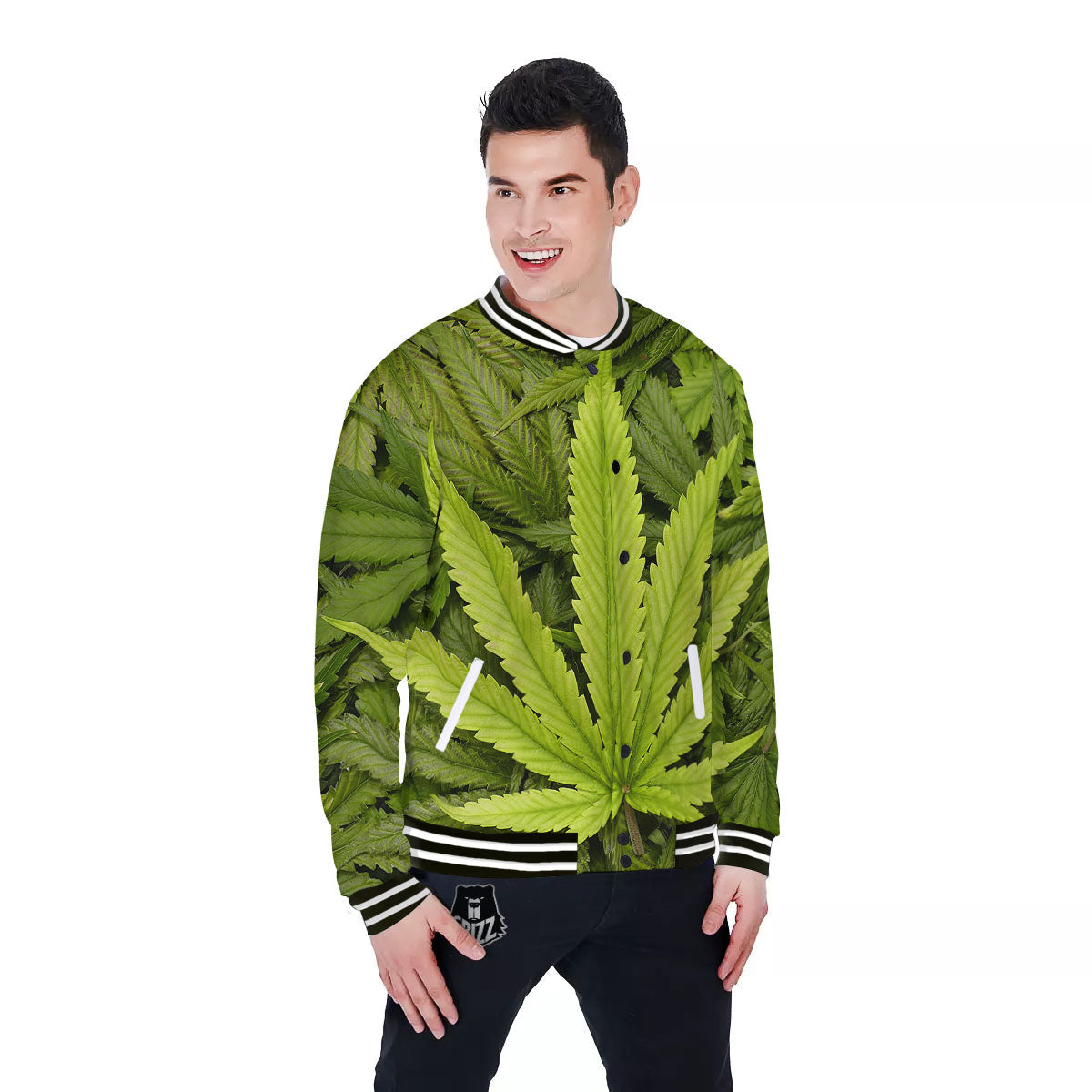 Pot Leaf Green Print Baseball Jacket-grizzshop