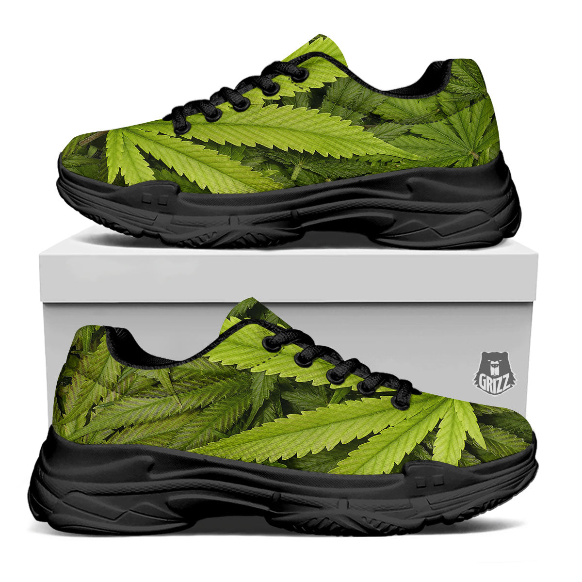 Pot Leaf Green Print Black Chunky Shoes-grizzshop