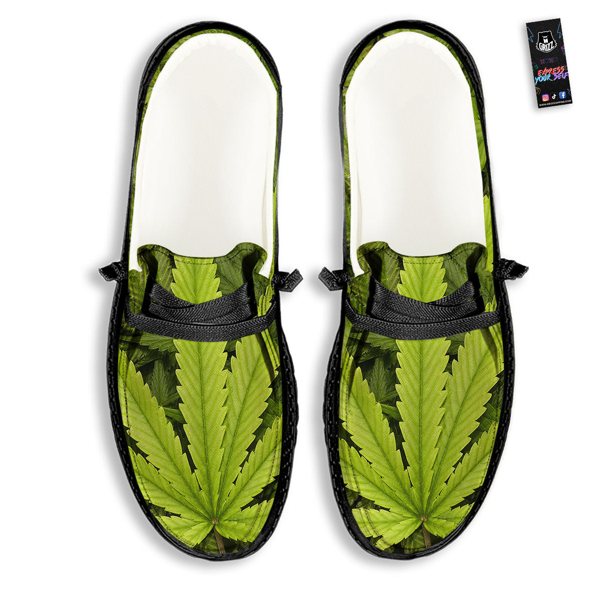 Pot Leaf Green Print Black Loafers-grizzshop
