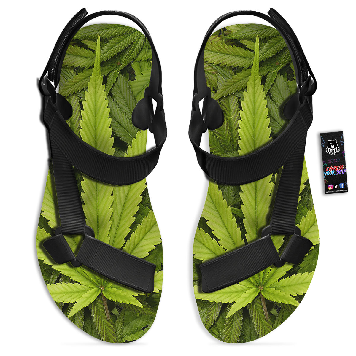 Pot Leaf Green Print Black Open Toe Sandals-grizzshop