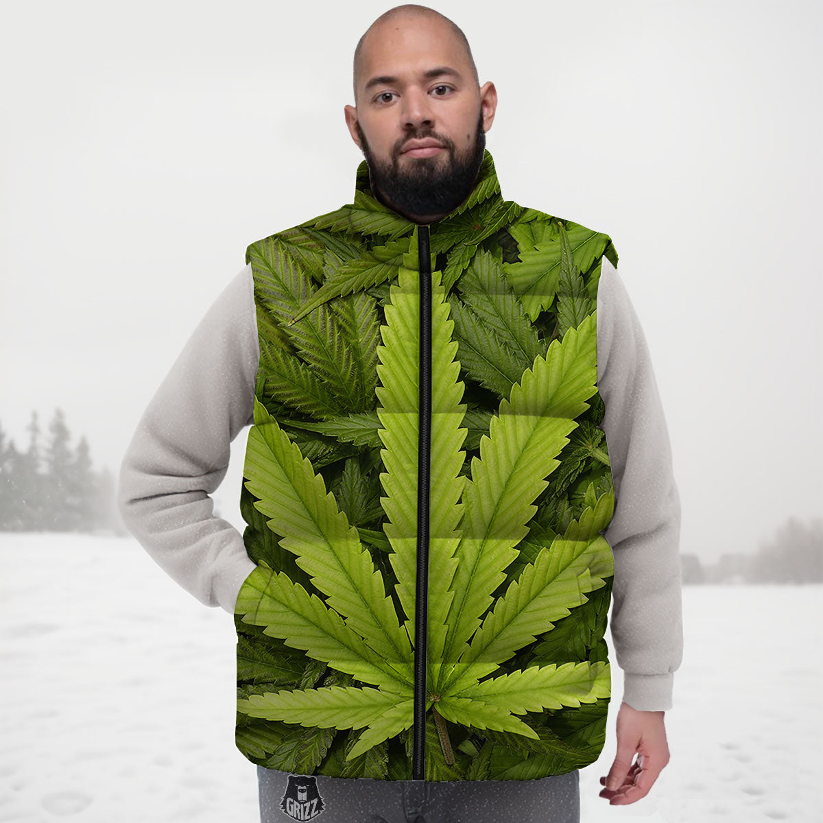 Pot Leaf Green Print Down Vest