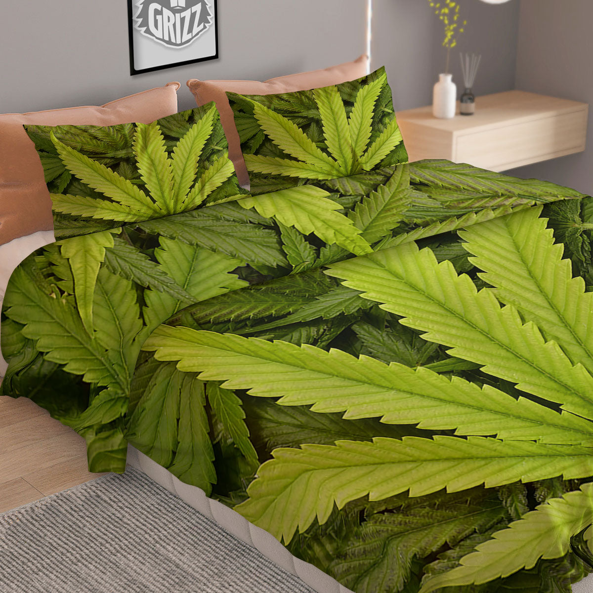 Pot Leaf Green Print Duvet Cover Bedding Set