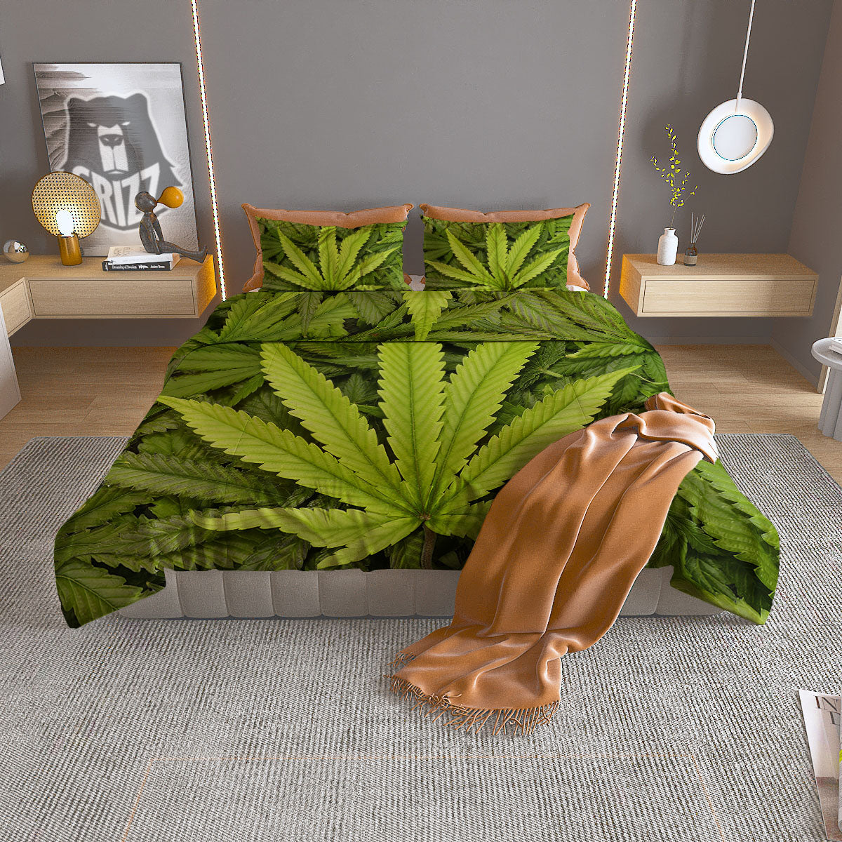Pot Leaf Green Print Duvet Cover Bedding Set