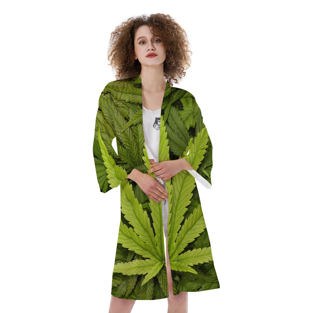 Pot Leaf Green Print Kimono-grizzshop