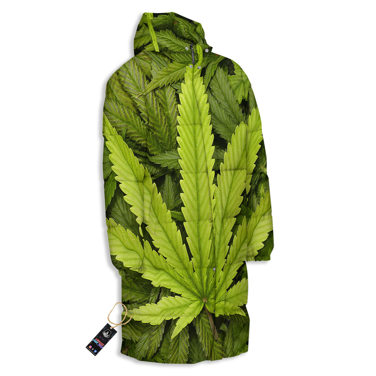 Pot Leaf Green Print Long Down Jacket-grizzshop
