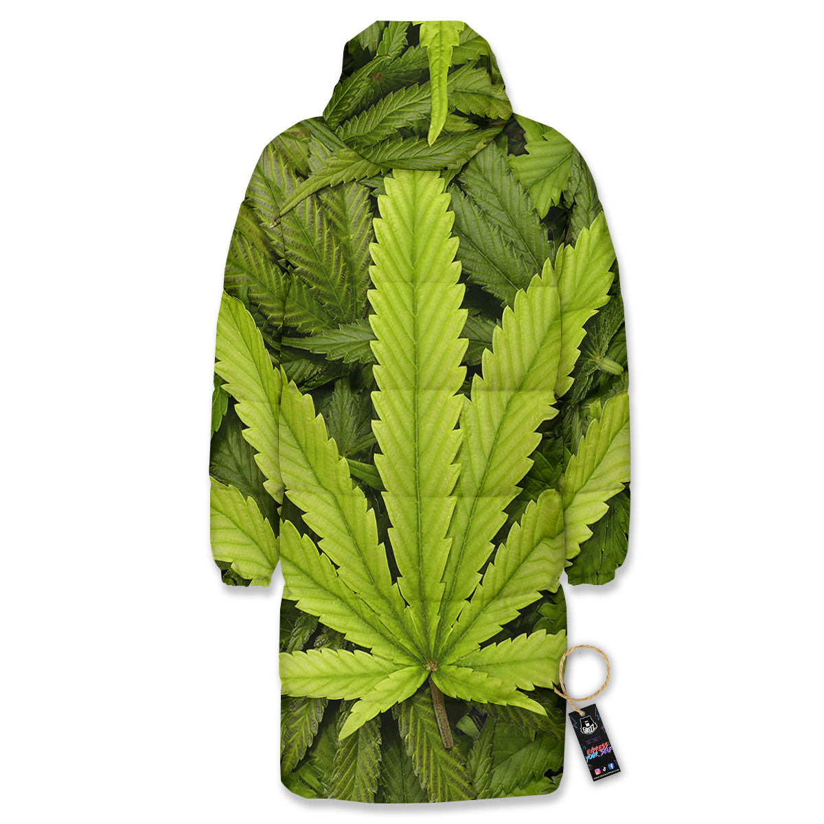 Pot Leaf Green Print Long Down Jacket-grizzshop