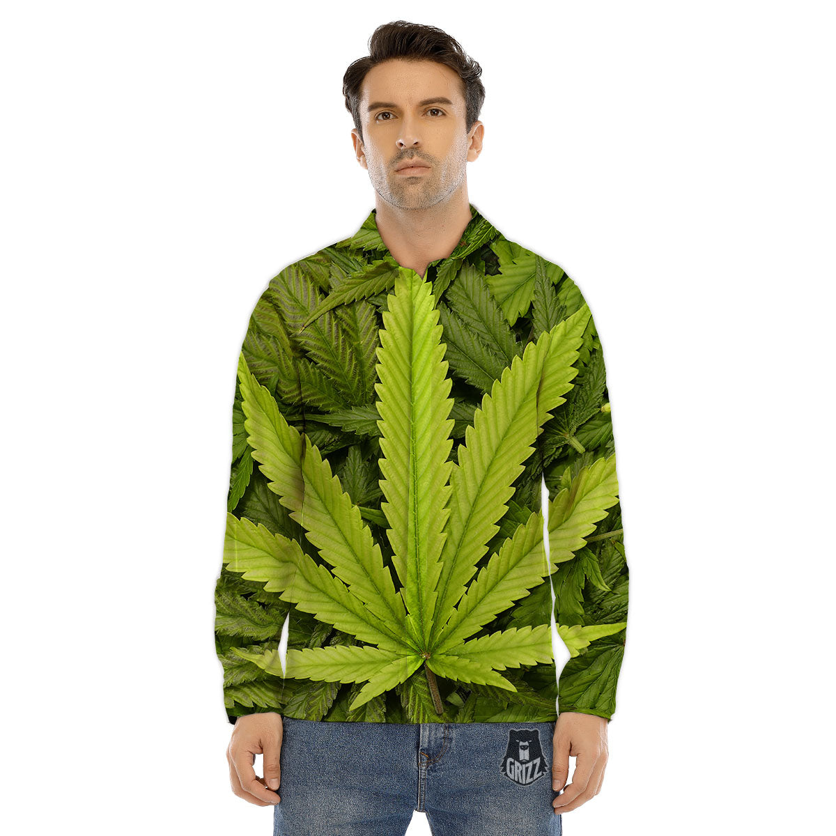 Pot Leaf Green Print Men's Dress Shirts-grizzshop