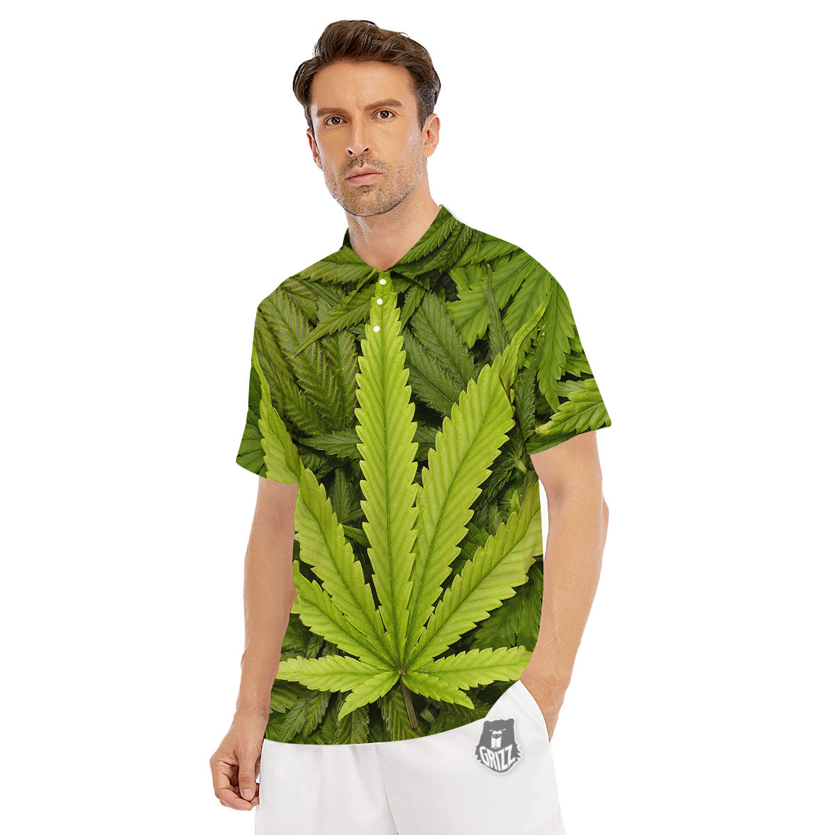 Pot Leaf Green Print Men's Golf Shirts-grizzshop