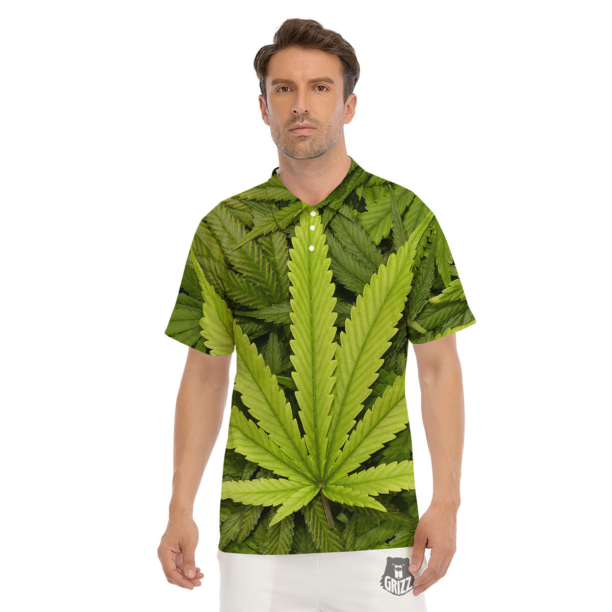 Pot Leaf Green Print Men's Golf Shirts-grizzshop