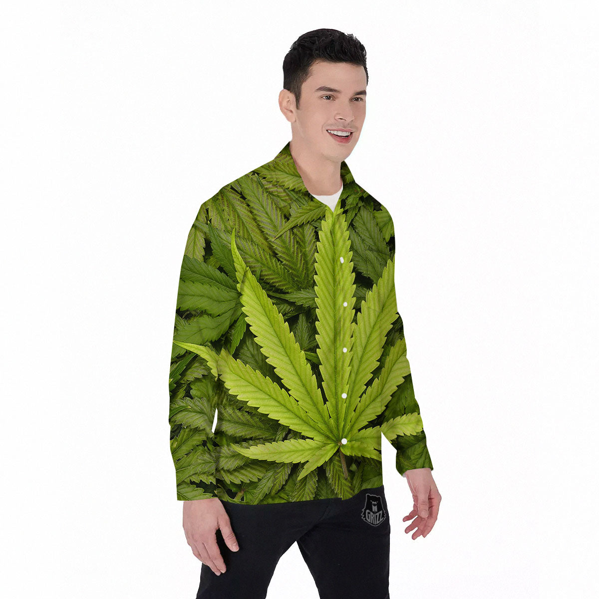 Pot Leaf Green Print Men's Long Sleeve Shirts-grizzshop