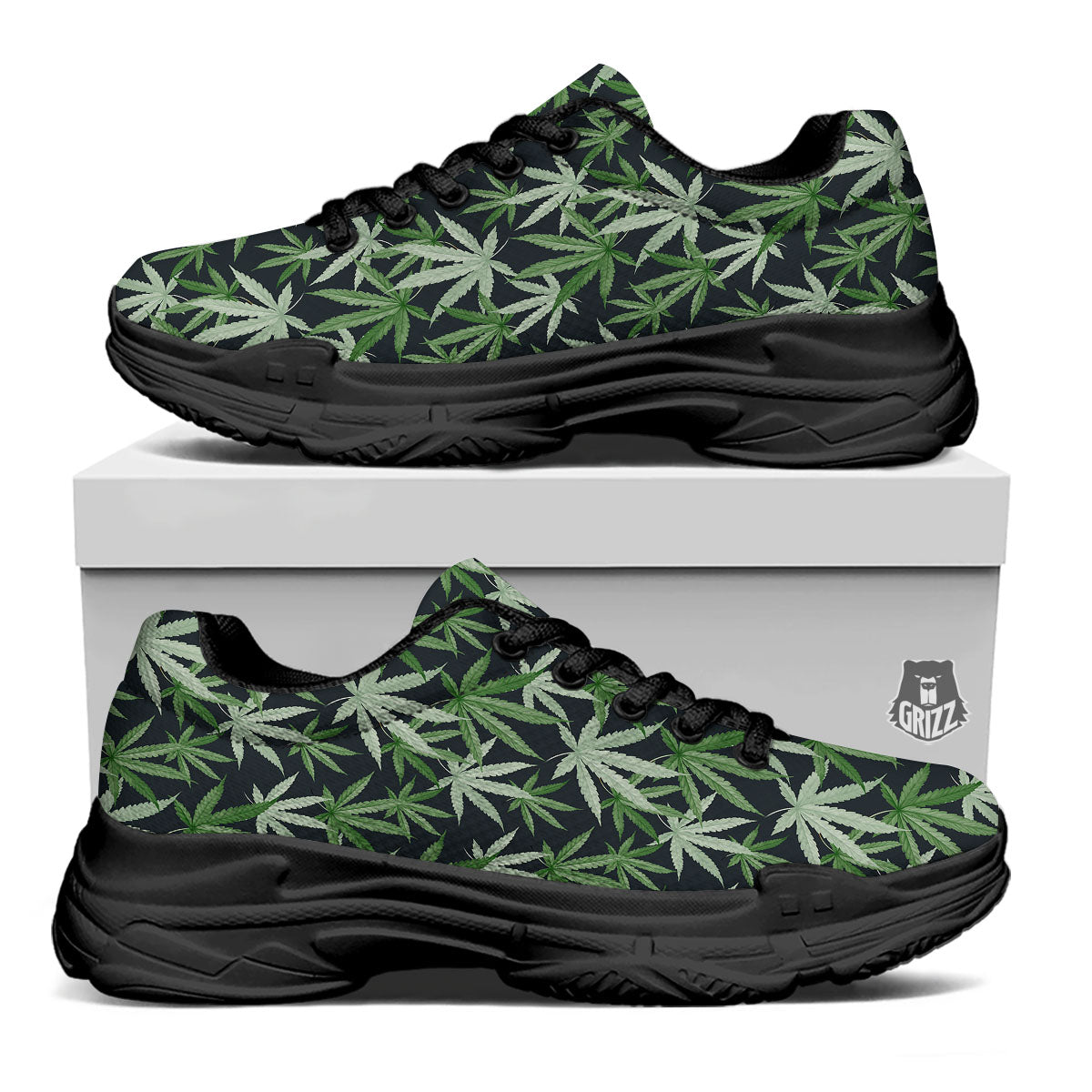 Pot Leaf Green Print Pattern Black Chunky Shoes-grizzshop