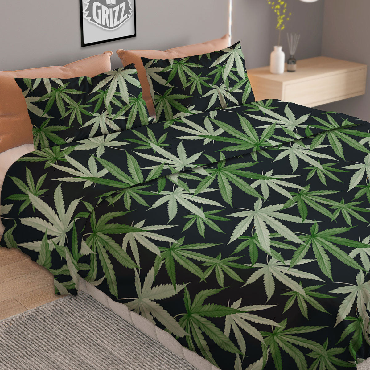 Pot Leaf Green Print Pattern Duvet Cover Bedding Set