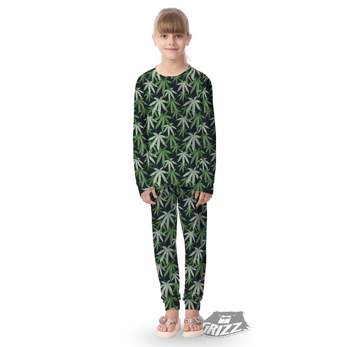 Pot Leaf Green Print Pattern Kid's Pajamas-grizzshop