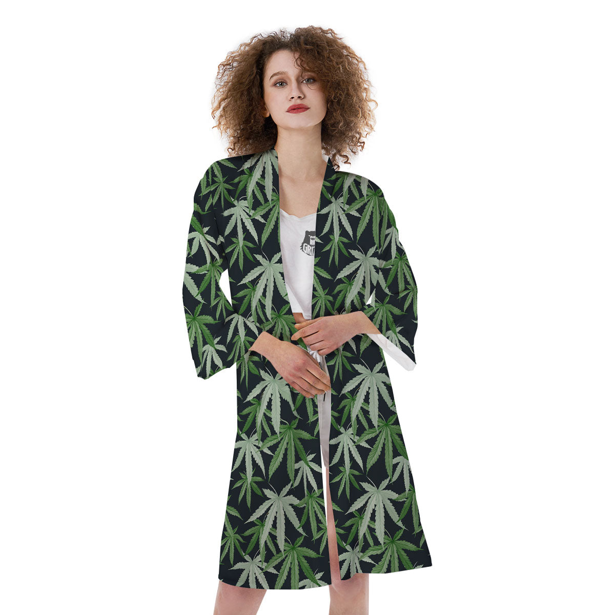 Pot Leaf Green Print Pattern Kimono-grizzshop