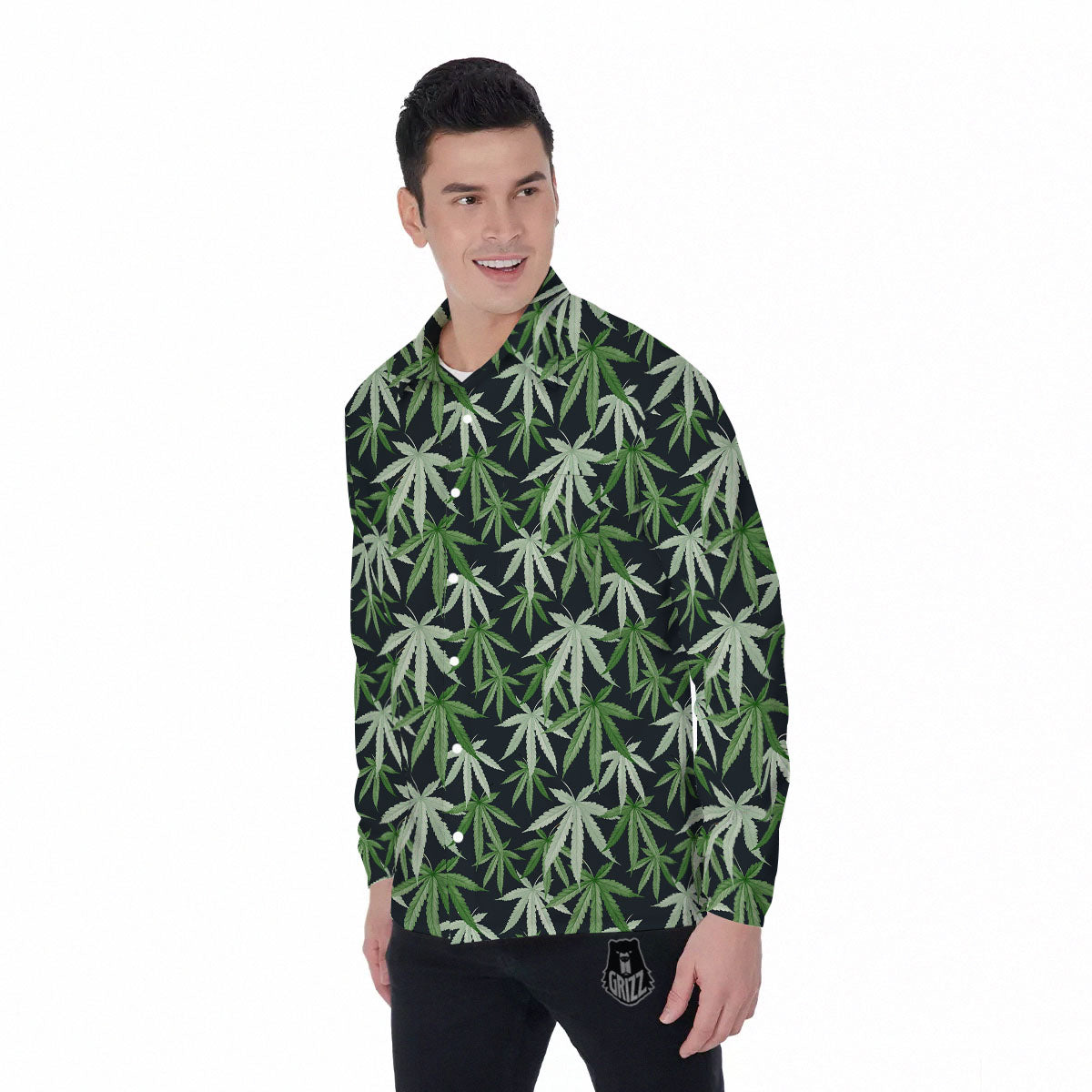 Pot Leaf Green Print Pattern Men's Long Sleeve Shirts-grizzshop