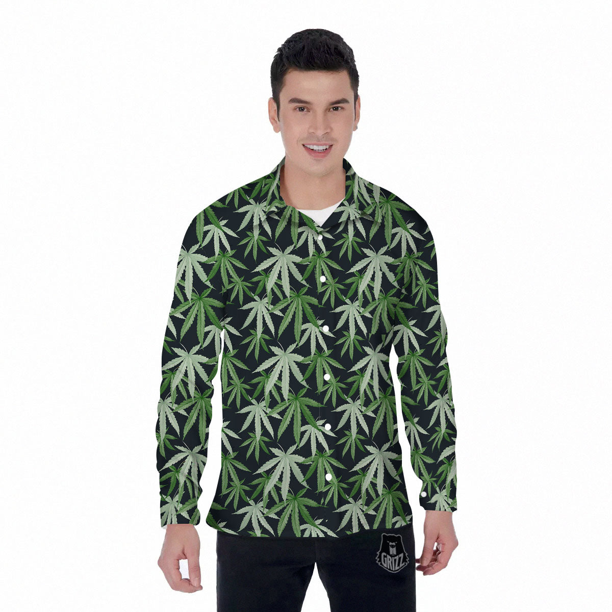 Pot Leaf Green Print Pattern Men's Long Sleeve Shirts-grizzshop