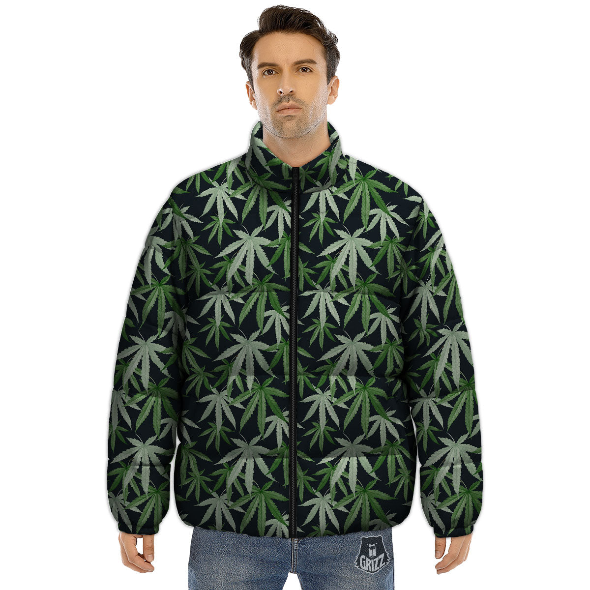 Pot Leaf Green Print Pattern Puffer Jacket-grizzshop
