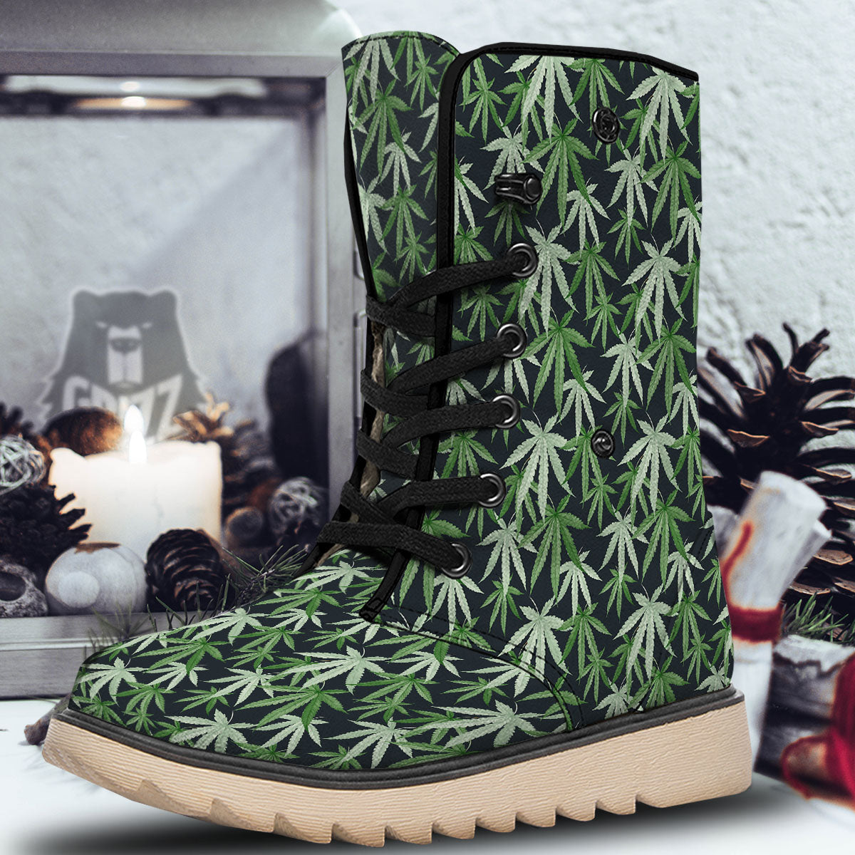 Pot Leaf Green Print Pattern Snow Boots-grizzshop