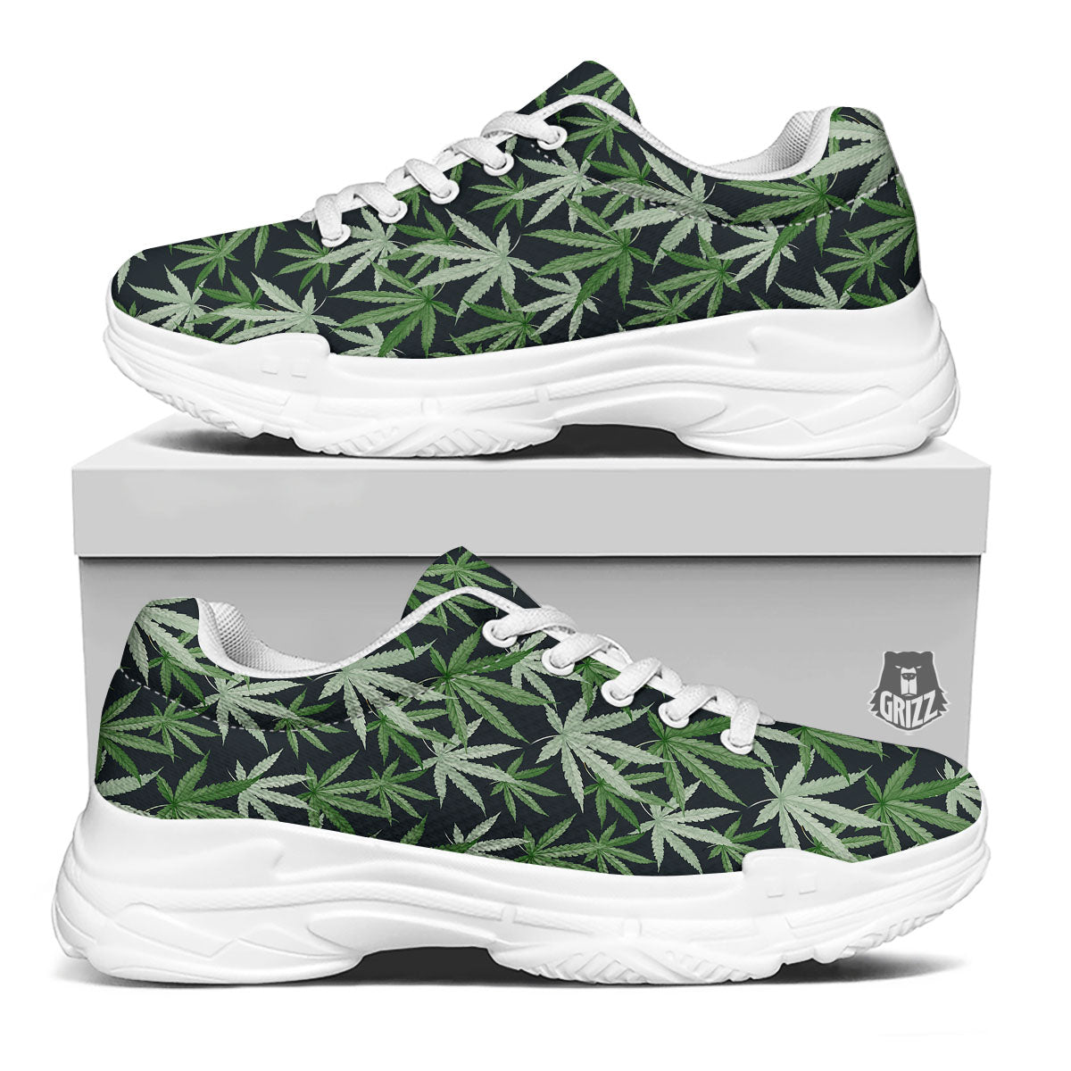 Pot Leaf Green Print Pattern White Chunky Shoes-grizzshop