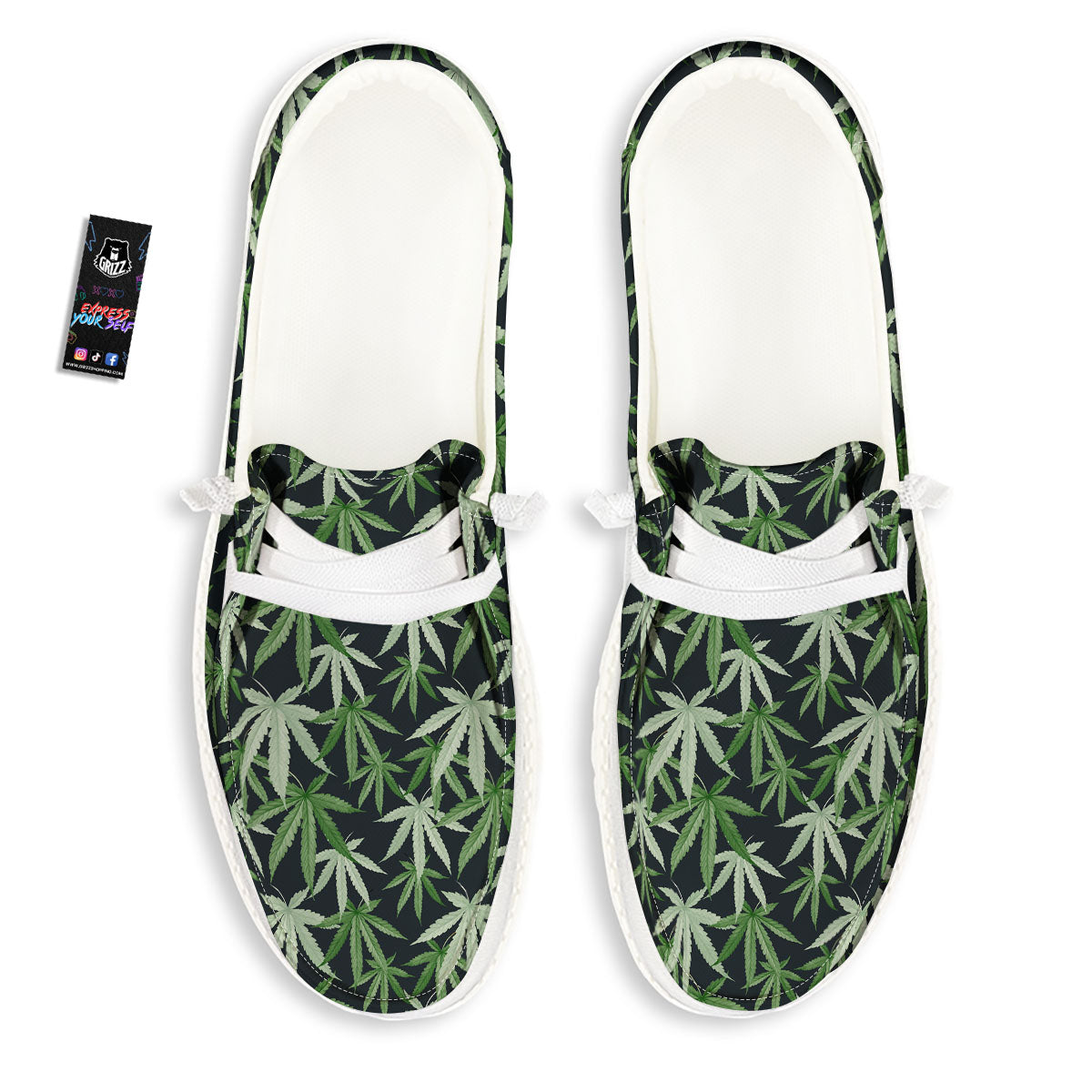 Pot Leaf Green Print Pattern White Loafers-grizzshop