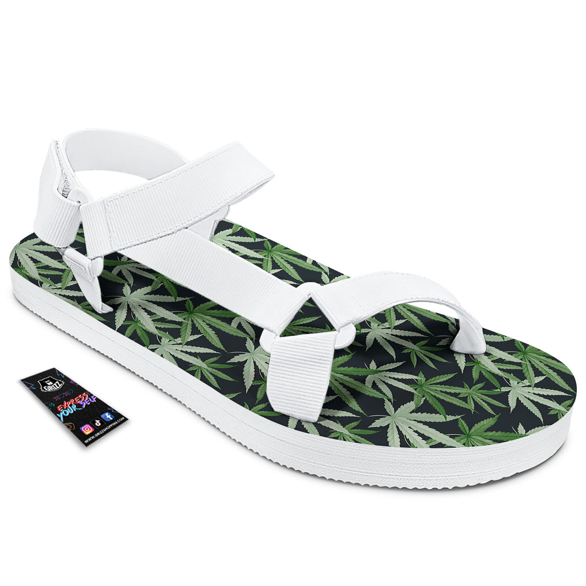 Pot Leaf Green Print Pattern White Open Toe Sandals-grizzshop