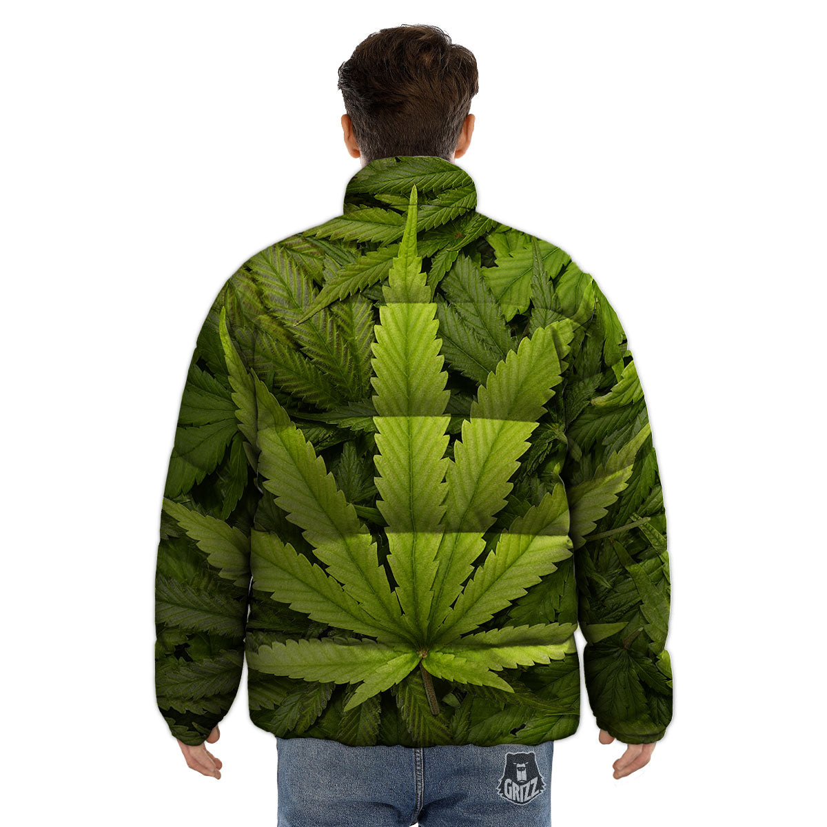 Pot Leaf Green Print Puffer Jacket-grizzshop
