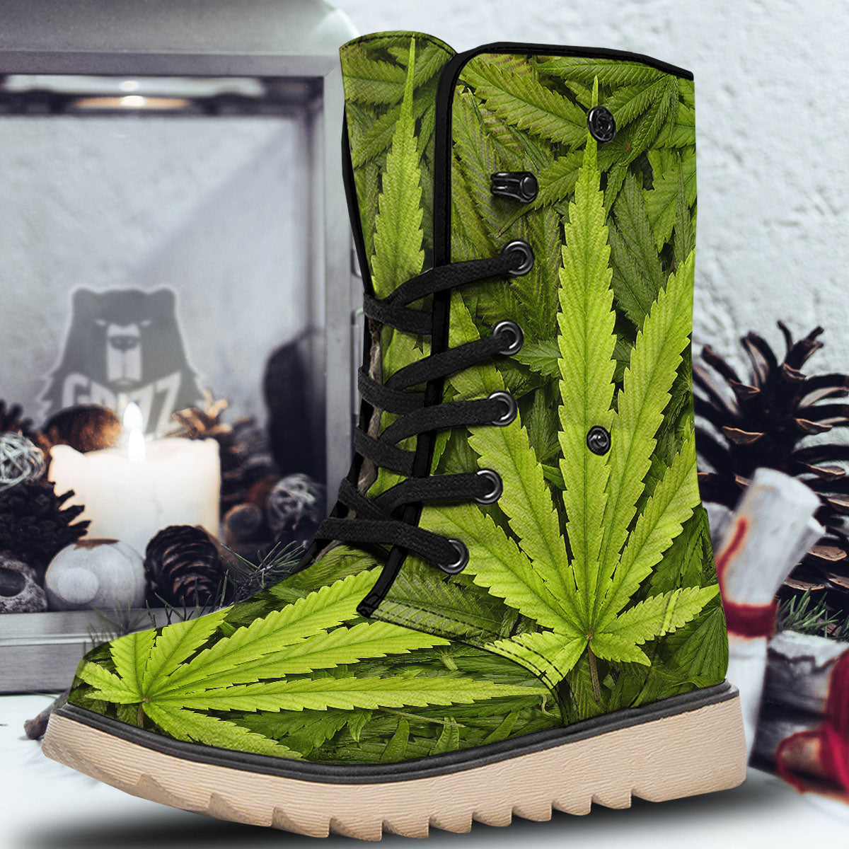 Pot Leaf Green Print Snow Boots-grizzshop