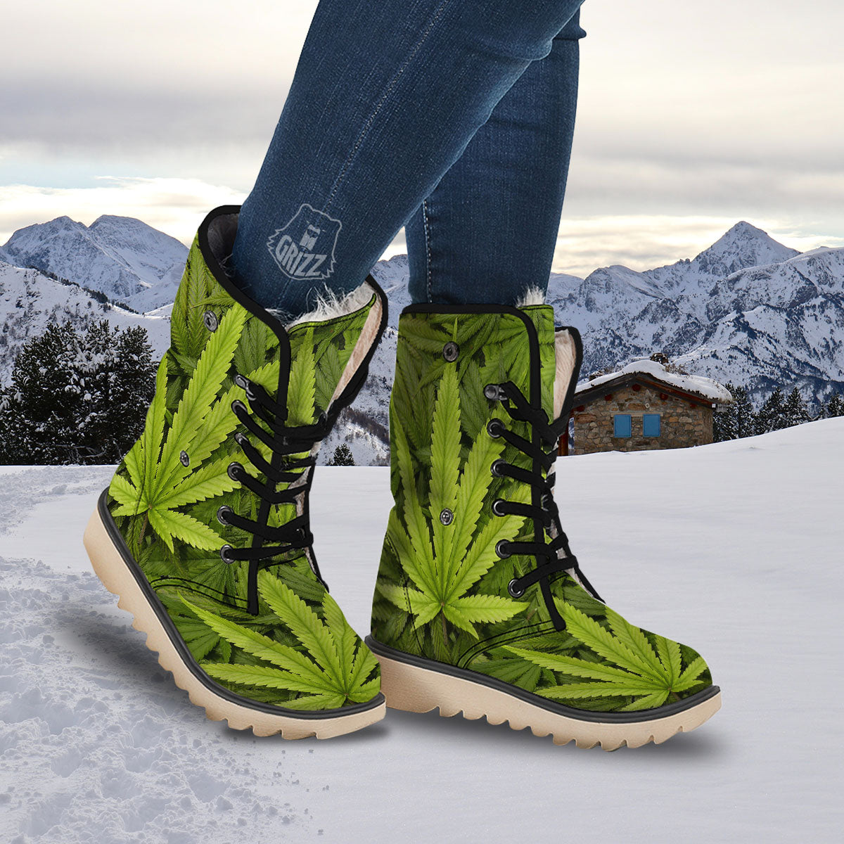 Pot Leaf Green Print Snow Boots-grizzshop